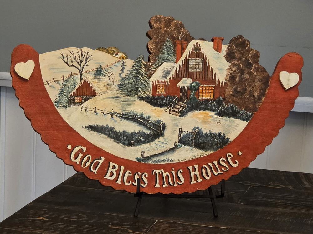 Vintage God Bless This House Sign Plaque Oil On 1" Wood Cutout Welcome Entryway